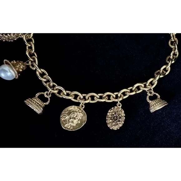 Vintage Victorian Revival Charm Necklace Chunky Rolo Chain Coins Pearls Goldtone - Picture 6 of 10